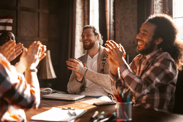 Diverse Team Of Partners Applauds Each Other In Office — 图库照片