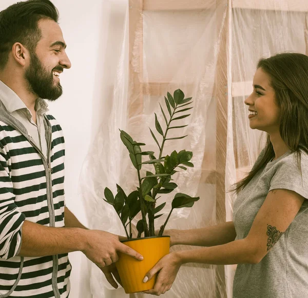 Relocating young couple holding yellow flower pot. — Stockfoto