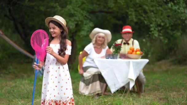 Jeune fille mignonne avec un filet papillon rose — Video