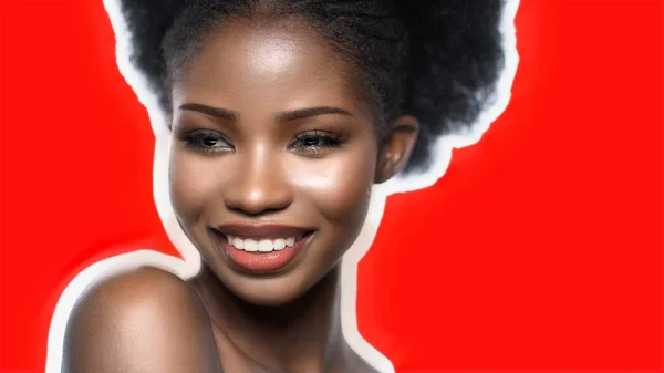 Happy Afro Womans Close Up Face Isolated On Red Color Back — Stockfoto