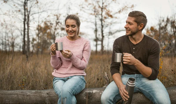 Fröhliches Paar macht Picknick in der Natur — Stockfoto