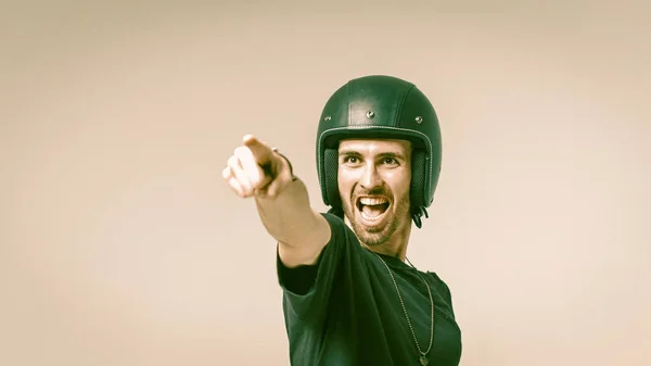 Man in Black Helmet Points By Index Finger at Camera — Φωτογραφία Αρχείου