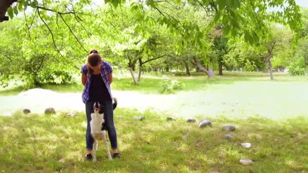 Teenage owner playing back yard with her dog — Stock Video