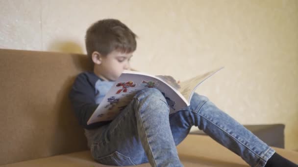 Kleiner Junge liest Buch, das auf einem Sofa in qarantinischen Tagen liegt. — Stockvideo