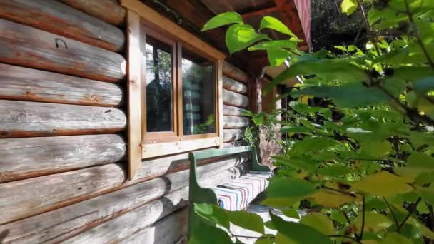 Toeristen houten resort cabine of hut in de bergen leven in rustieke stijl op groene achtergrond. Buitenlandschap. Landelijk landschap. Huisje aan de buitenkant. Prores 422 — Stockvideo