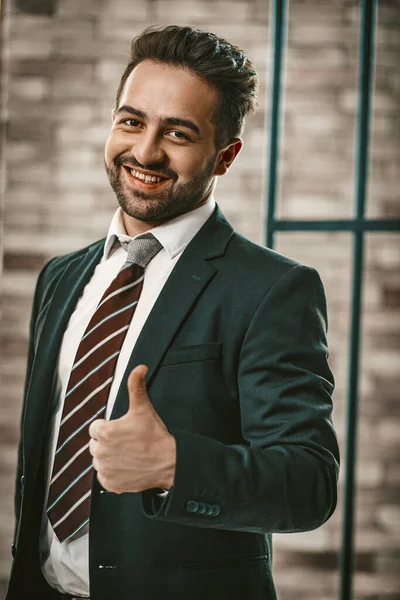 Handsome Man In Suite Shows Thumb Up In Office — Stock Photo, Image