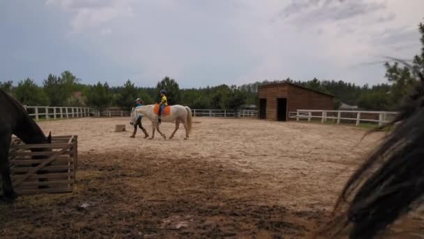 Uma menina monta ou ensina um menino a montar um cavalo como a cauda do cavalo está em primeiro plano. Conceito de rancho. Prores 422 — Vídeo de Stock