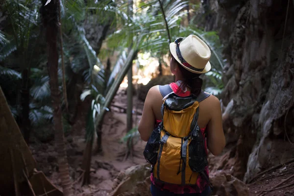 Girl among thickets of palms — Stock Photo, Image