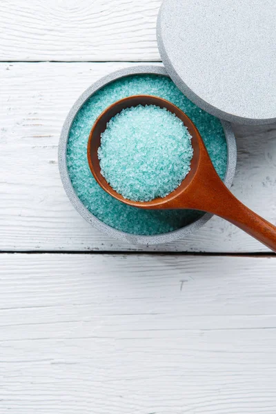 Bath salt in wooden spoon — Stock Photo, Image