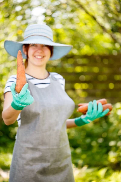 Vrouw in handschoenen houdt wortel — Stockfoto