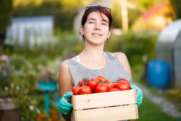 Foto van brunette met tomaten — Stockfoto