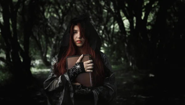Toned foto de bruxa no capuz preto — Fotografia de Stock