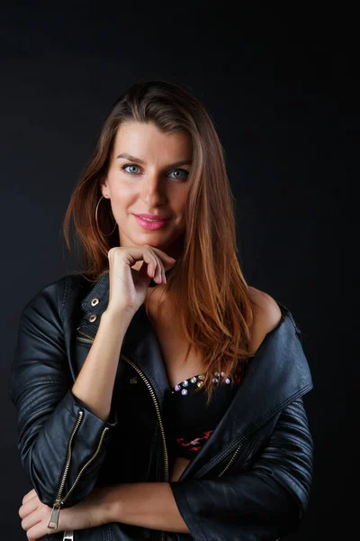 Photo of long-haired brunette in underwear, leather jacket — Stock Photo, Image