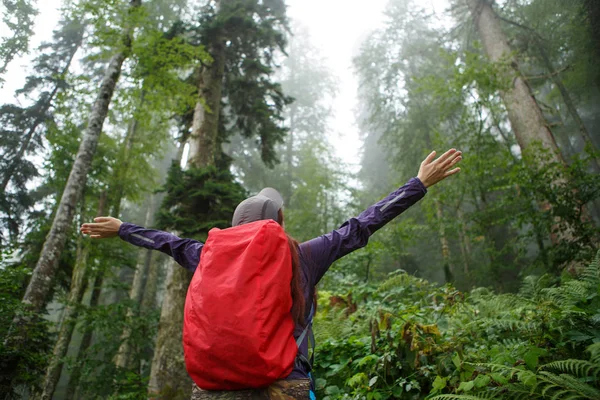 Photo from back of woman with arms raised — Stock Photo, Image