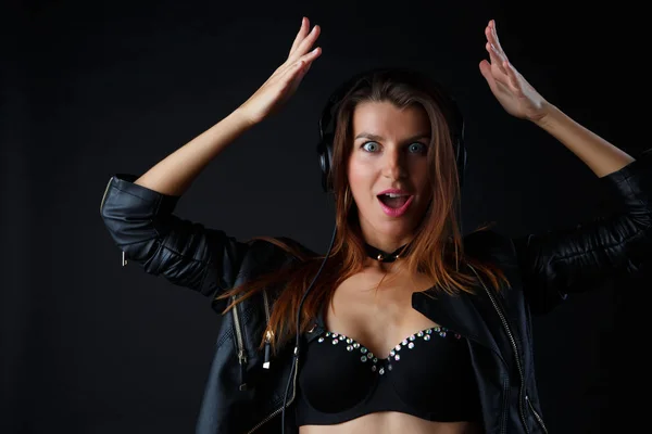 Studio image of young model in headphones, underwear — Stock Photo, Image