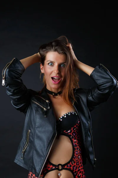 Image of young model in lingerie, leather jacket — Stock Photo, Image
