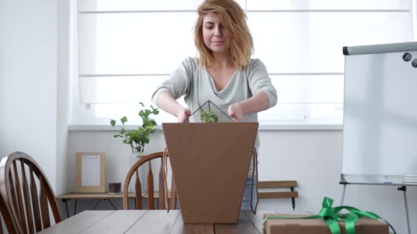 Bloemist vrouw florarium verpakken in een doos van de kaart. — Stockvideo