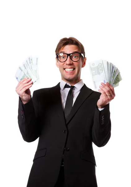 Imagem de homem de negócios feliz em terno com euros a mãos — Fotografia de Stock