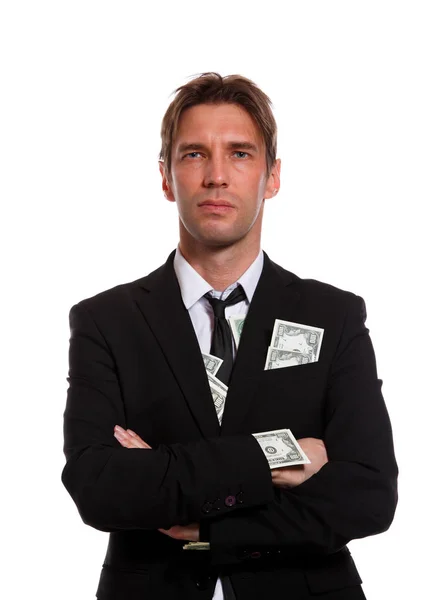 Image of man in business suit with dollars in pockets — Stock Photo, Image