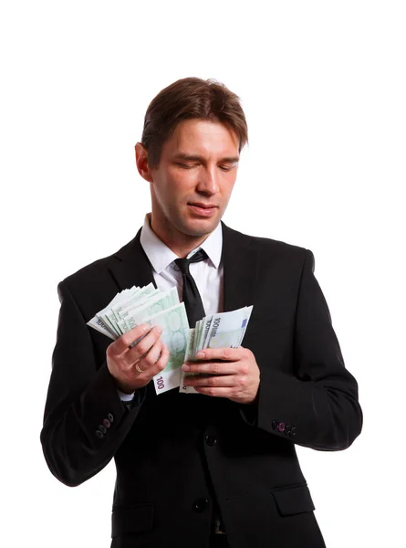 Photo of businessman in suit with euro in hands — Stock Photo, Image