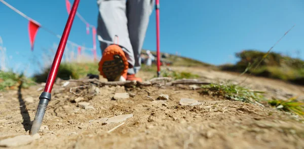 Foto de turista com paus para caminhada desportiva — Fotografia de Stock