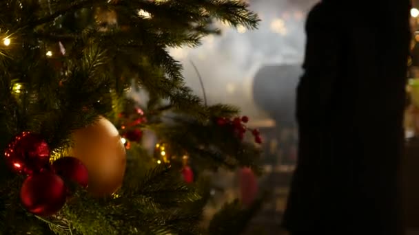 Pokrmy z masa se připravují na otevřeném ohni na vánočním trhu — Stock video