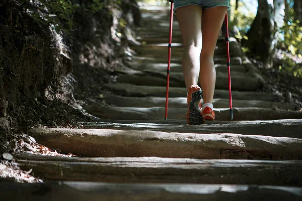 Donna con bastoni da passeggio su scala di tronchi — Foto Stock