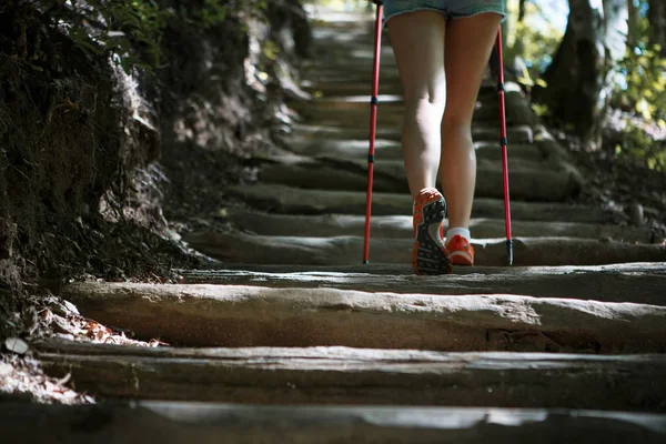 Woman with walking sticks on ladder of logs