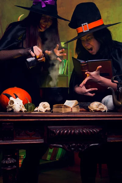 Imagen de dos morenas brujas en sombreros negros haciendo pociones — Foto de Stock