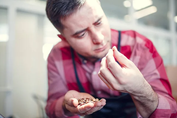 Picture of man with coffee beans in palm — Stock Photo, Image