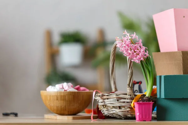 Photo room of florist with marshmallow, gift boxes