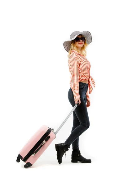 Photo of blonde in hat with suitcase isolated — Stock Photo, Image