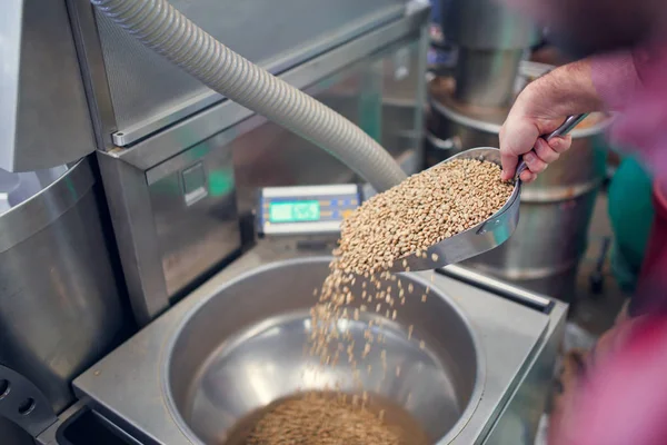 Porträt einer Schaufel mit Kaffeebohnen, industriellen Waagen — Stockfoto