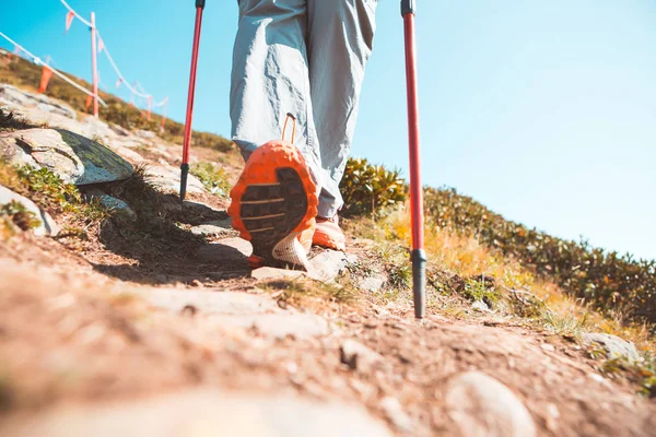 Immagine dell'uomo con bastoni per lo sport passeggiare in montagna — Foto Stock