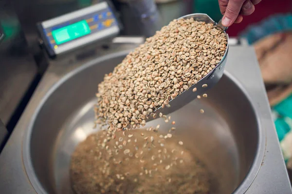 Image de mans main avec cuillère avec des grains de café renversés, échelles industrielles — Photo