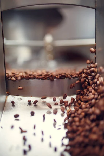 Bild fallender gerösteter Kaffeebohnen aus Röster — Stockfoto