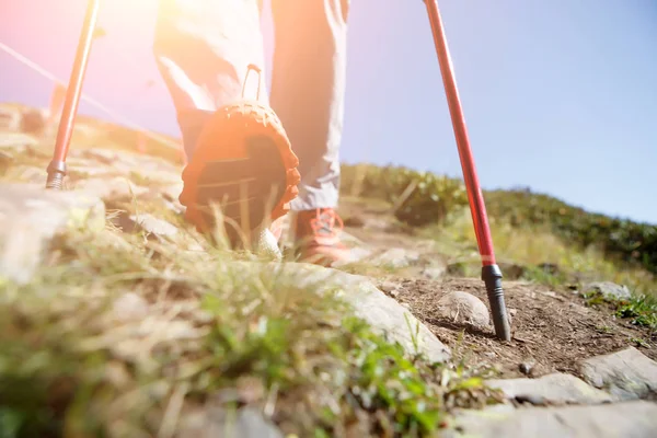 Immagine di essere umano con bastoni per lo sport passeggiare in montagna — Foto Stock