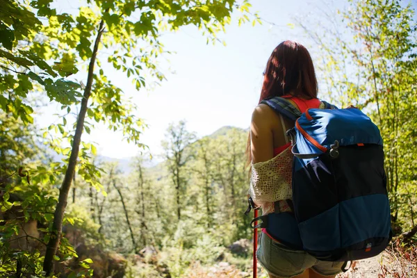 Image from back of young woman with sticks for sporty walk — Stock Photo, Image