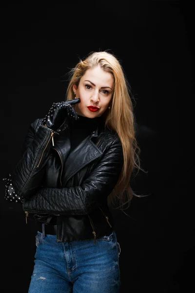 Photo of young blonde in leather jacket — Stock Photo, Image