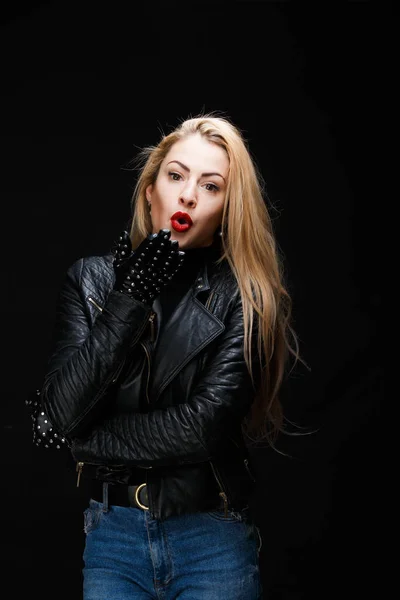 Image of young blonde in leather jacket — Stock Photo, Image