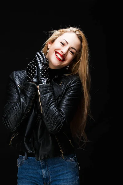 Photo of smiling blonde in leather jacket — Stock Photo, Image