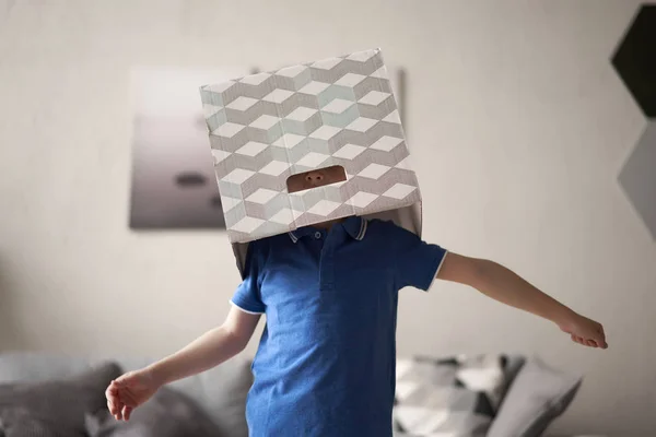 Menino com caixa de papelão na cabeça no quarto — Fotografia de Stock