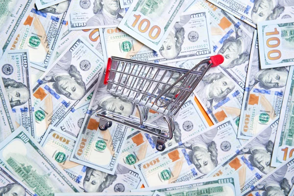 Ferro piccolo carrello da supermercato su sfondo di soldi — Foto Stock