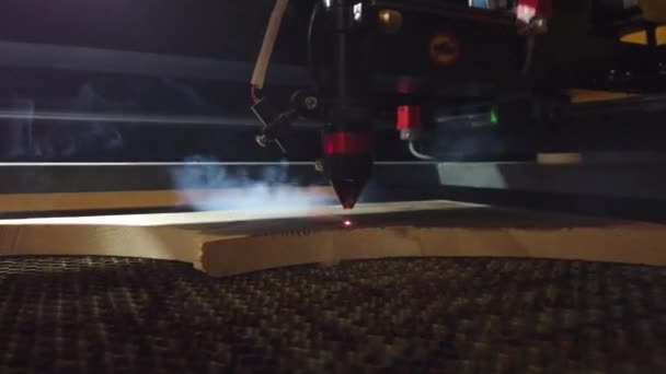 Mdf laser řezací stroj zblízka řeže dřevěnou desku s červeným paprskem. — Stock video