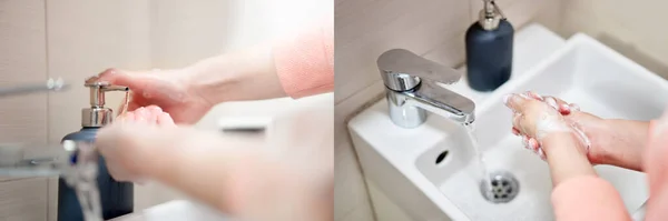 Lavagem de mãos com sabão debaixo de água no banheiro — Fotografia de Stock