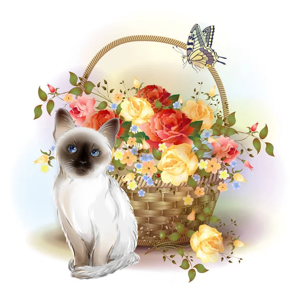 Glückwunschkarte. siamesisches Kätzchen, Schmetterling und Korb mit Ro — Stockvektor