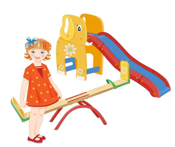Ginger girl on the playground. Seesaw and  slider. — Stock Vector