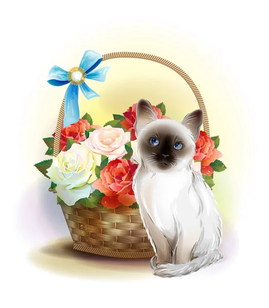 Happy birday card. Siamese kitten and basket with violets. — Stock Vector