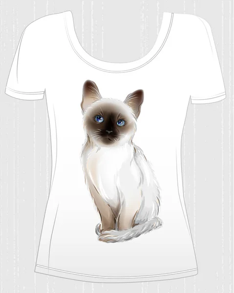 タイの子猫と一緒にデザインした t シャツ。女性の t シャツのデザイン — ストックベクタ