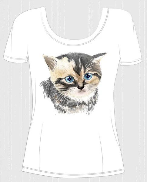 T-shirt design  with face of three-colored  cute kitten. Design — Stock Vector